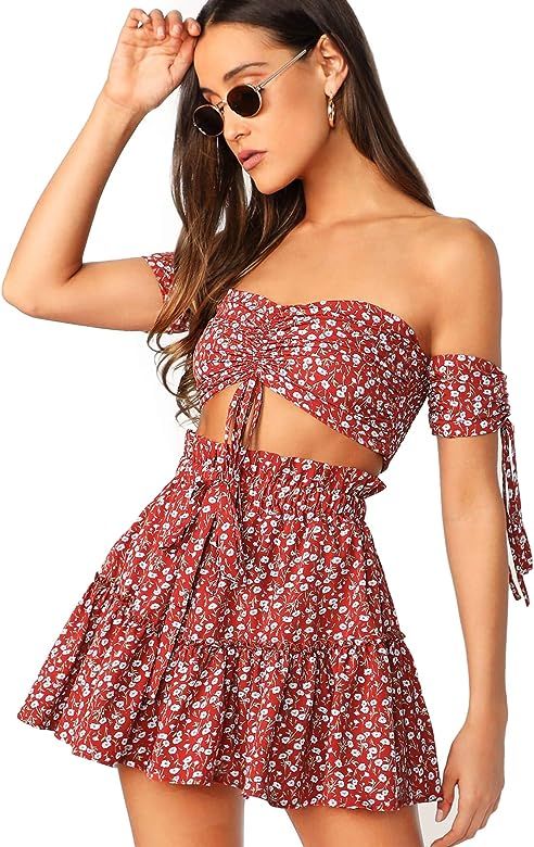 Floerns Women's Two Piece Outfit Floral Off Shoulder Drawstring Crop Top and Skirt Set | Amazon (US)