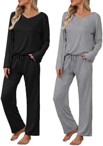 Ekouaer Womens 2 Pack Pajama Set Long Sleeve Pajamas Top and Pants V Neck Pjs Set Soft Loungewear... | Amazon (US)