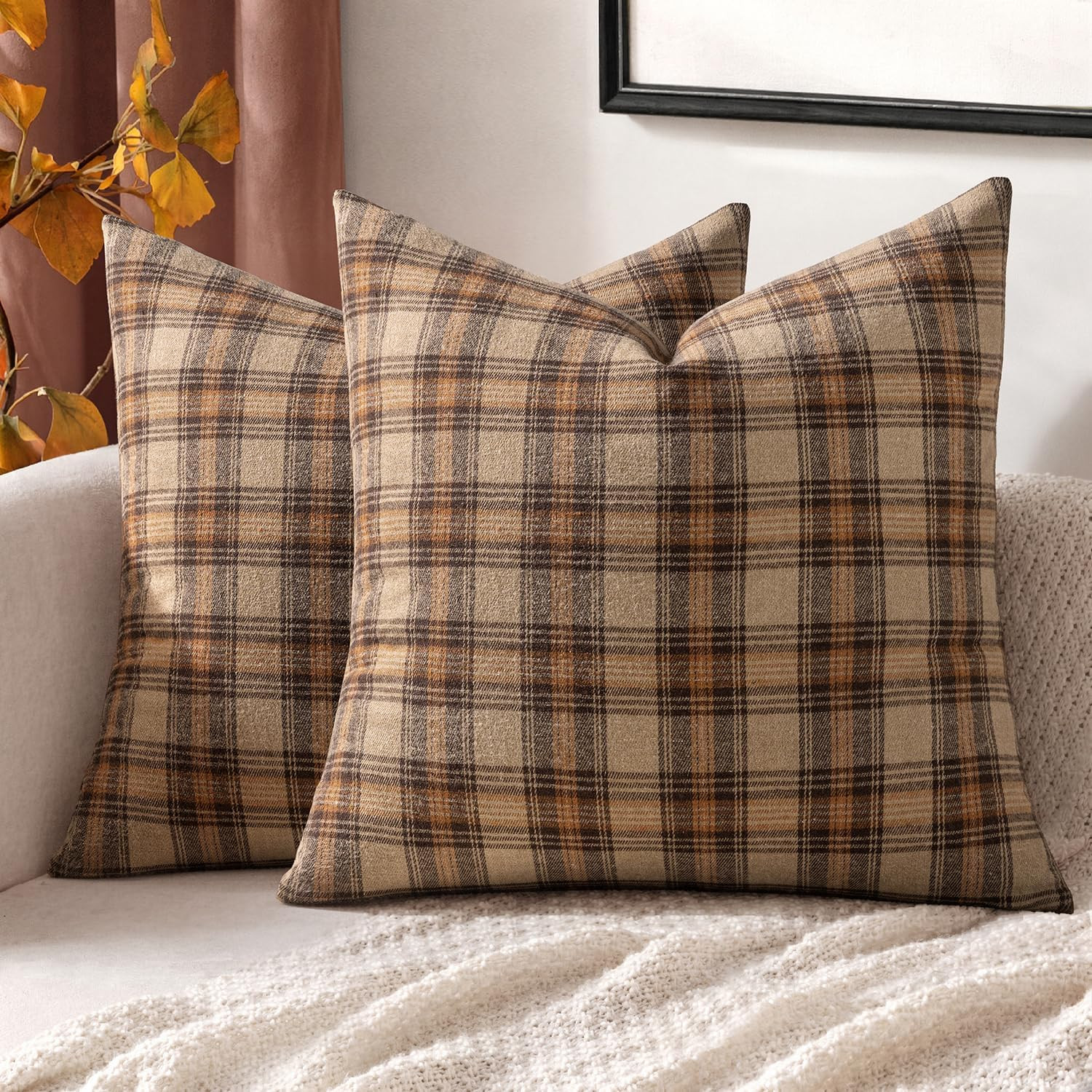 MIULEE Fall Plaid Pillow Covers Scottish Tartan 16x16 Camel Brown | Amazon (US)