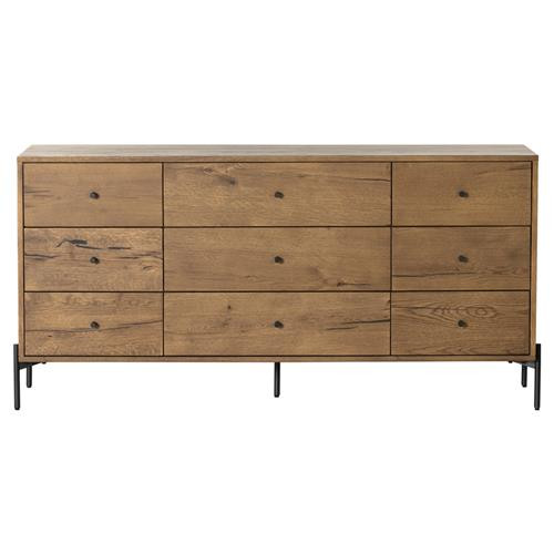 Alina Rustic Lodge Brown Wood Dark Grey Iron 9 Drawer Dresser | Kathy Kuo Home