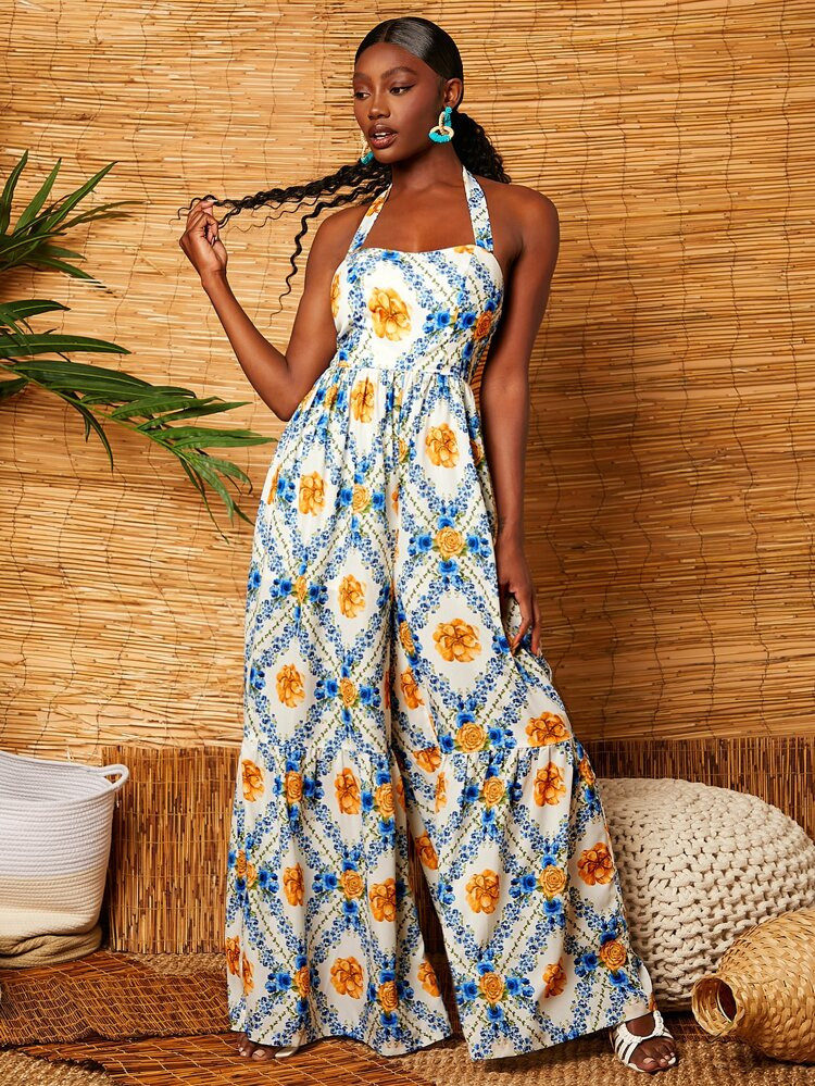 SHEIN Halter Neck Floral Print Tie Back Jumpsuit | SHEIN