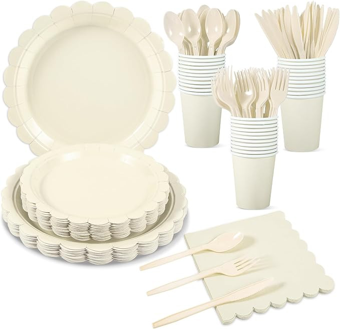 175 Pcs Ivory Paper Plates and Napkins, Beige Party Supplies Include Scalloped Cream Plates Napki... | Amazon (US)