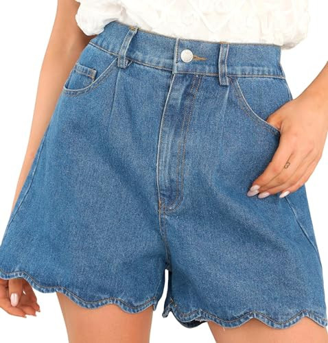 Women High Waisted Denim Shorts Elastic Back Waist Loose Fit Wave Hem Summer Casual Jean Shorts with Pockets | Amazon (US)