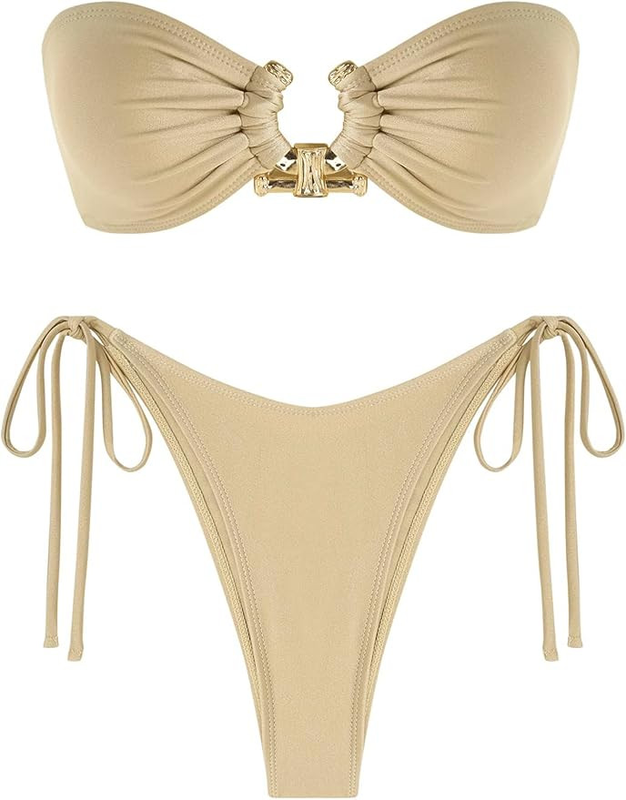 ZAFUL Bikini Sets for Women Strapless Top Sexy High Cut Bathing Suit Bandeau Two Piece Swimsuit S... | Amazon (US)