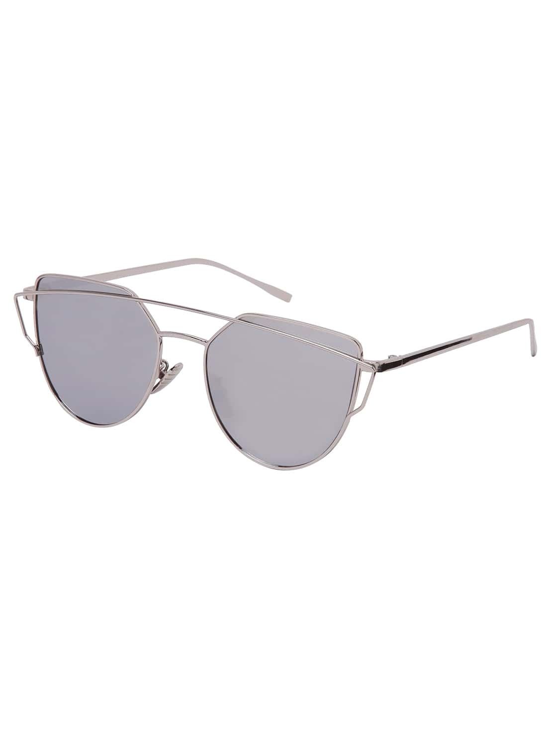 Silver Metal Frame Double Bridge Mirrored Sunglasses | SHEIN