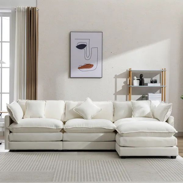 Beige Chenille Sofa Set L-Shaped Sectionals w/ Ottoman Chaise, Pillows | Bed Bath & Beyond