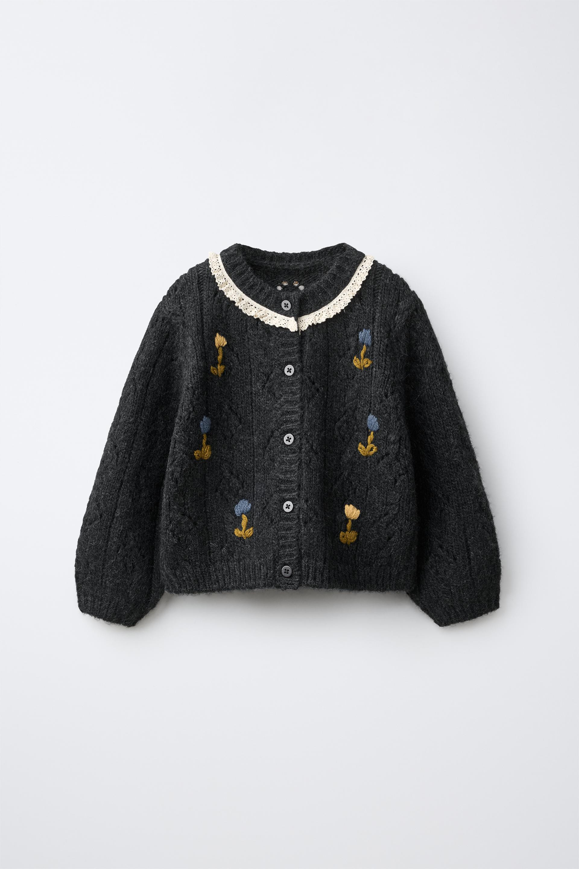 Zara - Embroidered Flowers Cardingan - Anthracite Grey - 6 Years (45,2 Inches) - Kids | Zara US