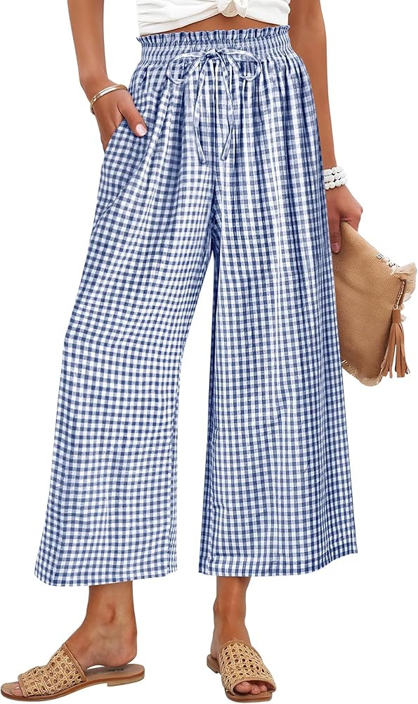 ANRABESS Womens Striped Gingham Palazzo Capri Pants Pajama Wide Leg Lounge Trousers Plaid Cute Cr... | Amazon (US)