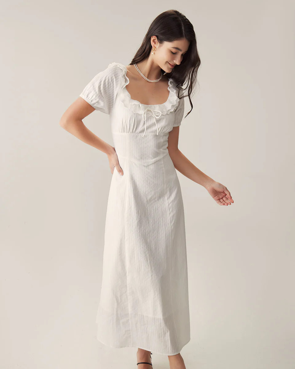 White Embroidery Puffed Sleeve Maxi Dress & Reviews - White - Dresses | RIHOAS | rihoas.com