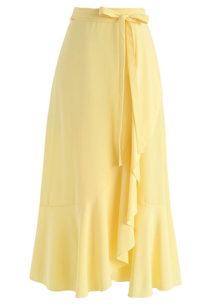 Simple Base Asymmetric Ruffle Midi Skirt in Yellow | Chicwish