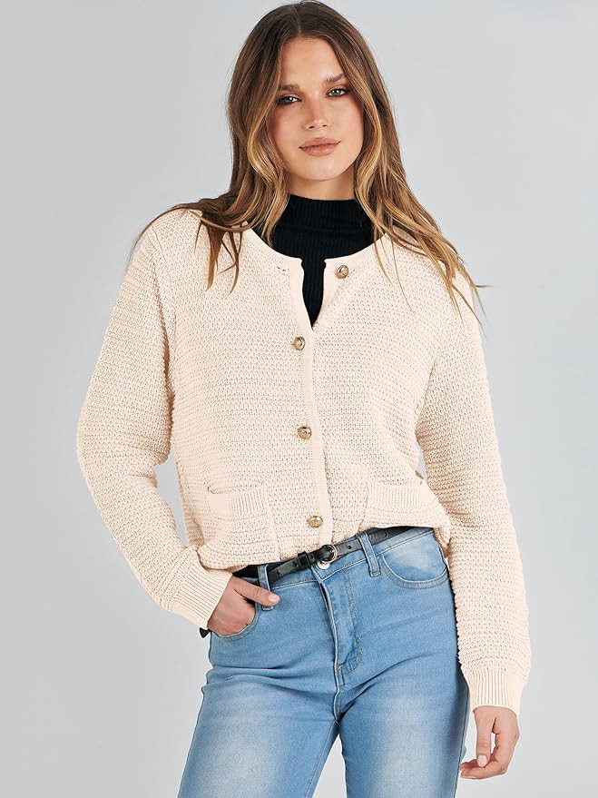 ANRABESS Women's Cardigan Sweaters 2023 Fall Open Front Long Sleeve Button Down Chunky Knit Cropp... | Amazon (US)