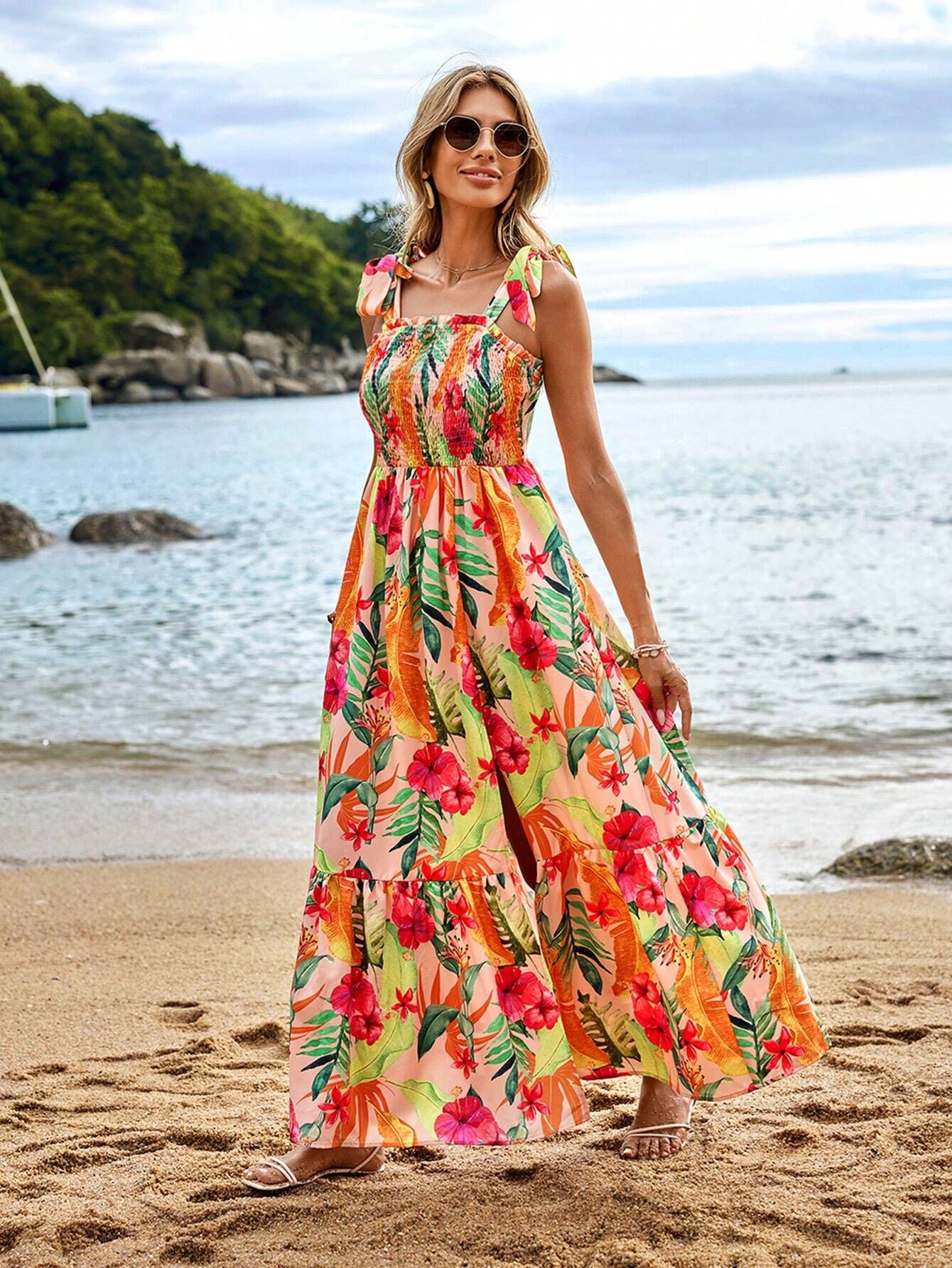 SHEIN VCAY Summer Vacation Beach Strap Maxi Dress For Women | SHEIN
