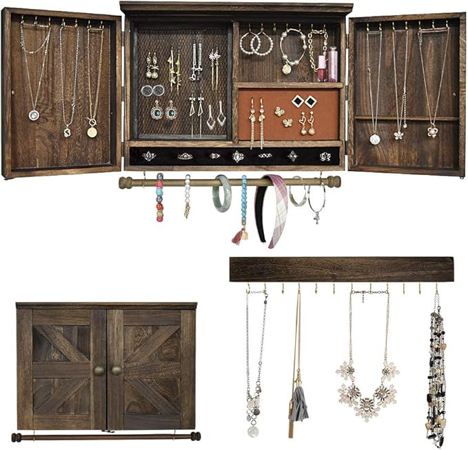 GLANT Rustic Wall Mounted Jewelry Organizer with Wooden Barndoor Decor,Wooden Wall Mount Holder,J... | Amazon (US)
