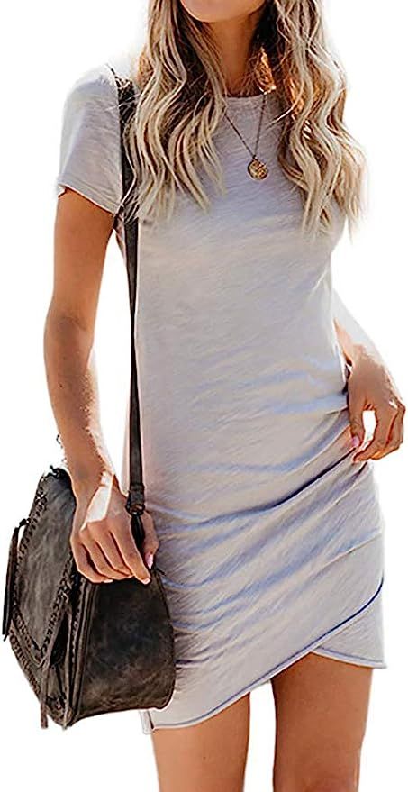 Women’s 2021 Summer Casual Crew Neck Ruched Stretchy Tulip Hem Bodycon Short Mini Dress T Shirt... | Amazon (US)