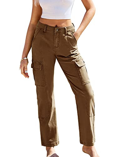 GRAPENT Women's Cute Cargo Pants With Pockets - Casual Relaxed Fit Loose Jeans in Almond Brown, Size 10 | Amazon (US)