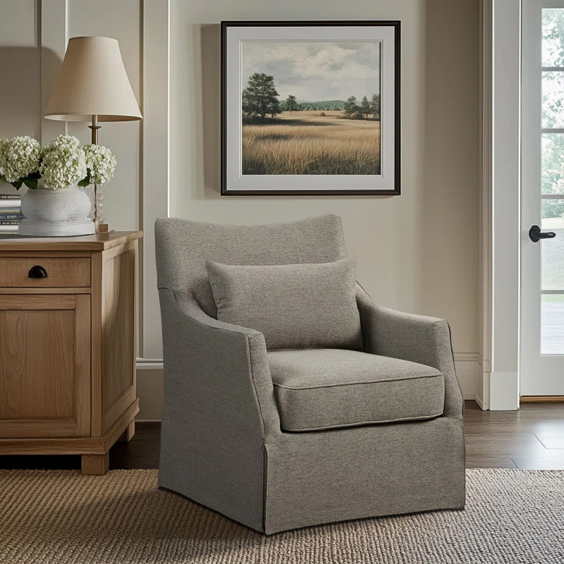Martha Stewart London Upholstered Skirted Swivel Armchair with Lumbar Pillow | Wayfair North America