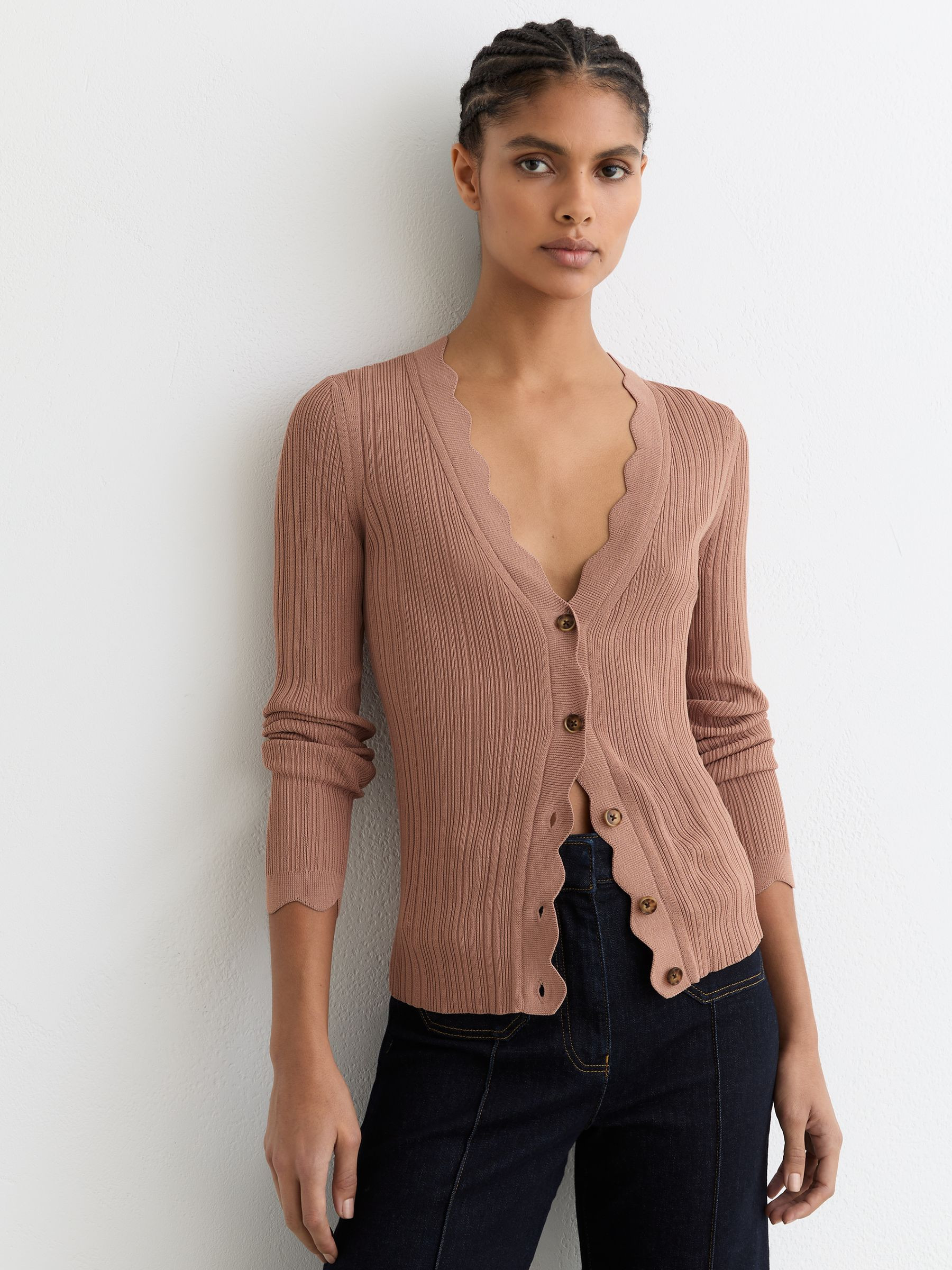 Reiss Rib-Knit Scallop-Trim Cardigan in Pink - REISS | Reiss UK