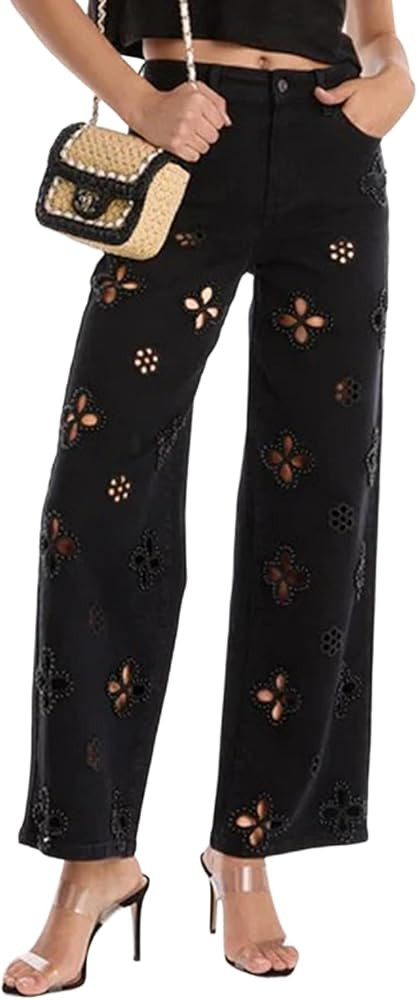 Famnbro Women Pearl Jeans Y2K High Waisted Floral Sparkly Baggy Straight Leg Bling Glitter Ripped... | Amazon (US)