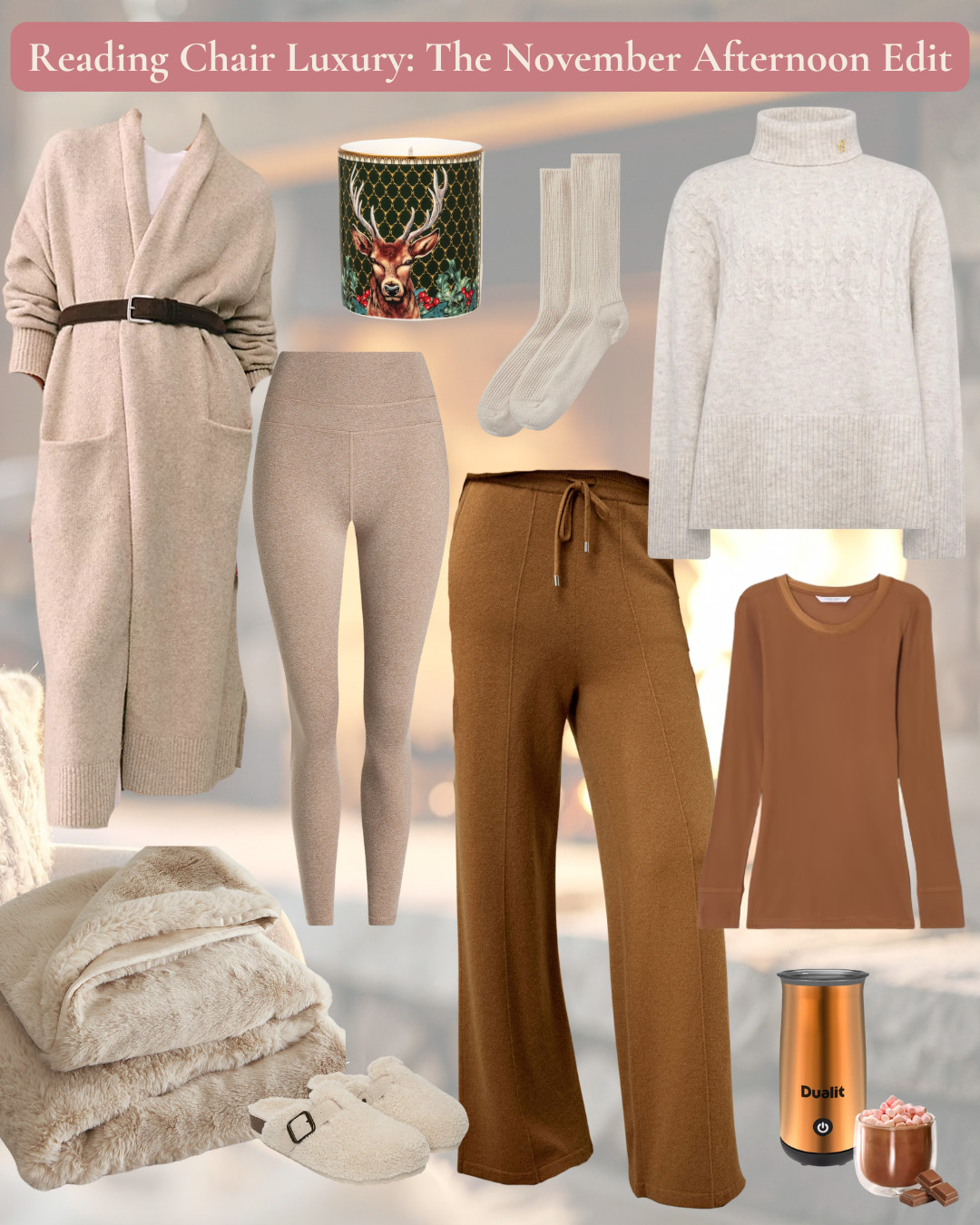 November afternoon cosy afternoon edit. From cashmere trousers, to silky base layers, faux fur throws to cashmere socks and a long line hug of a cardigan. Everything you need for an afternoon in your favourite chair by the fire. 

 #LTKuk #LTKautumn #LTKover50style