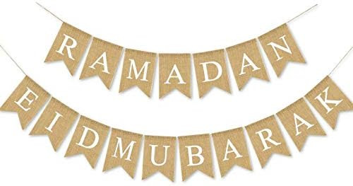 SWYOUN Burlap Ramadan Eid Mubarak Banner Supplies Muslim Fireplace Mantel Decoration | Amazon (US)