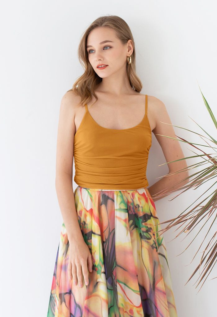 Ruched Soft Mesh Cami Top in Apricot | Chicwish