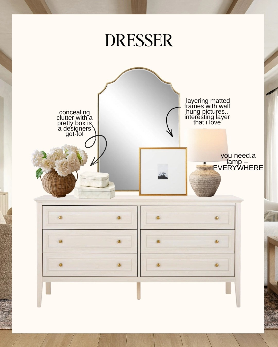 How to style your spaces like a designer 🤍
It’s not about filling every surface — it’s about intentional layering, scale, and lighting.

A few designer rules I swear by:
• Add height to flat surfaces (books, lamps, framed art)
• Layer textures + materials for depth
• Use lighting everywhere — lamps included
• Florals instantly soften and finish a space
• Candles = cozy, always

These are the same principles I use whether I’m styling a bed, entryway, coffee table, or dresser — once you learn them, you can apply them anywhere ✨