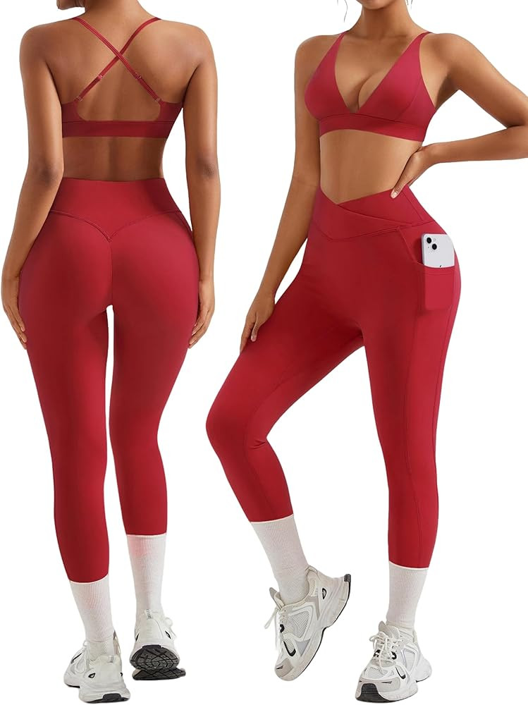 RXRXCOCO 2 Piece Workout Sets for Women Strappy Sports Bra Booty Leggings with Pockets Yoga Gym O... | Amazon (US)