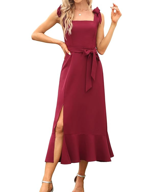 Women's Elegant Bridesmaid Dresses Square Neck Ruffle Split Midi Formal Dress for Wedding Guest C... | Amazon (US)