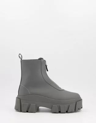 ASOS DESIGN chelsea boots in gray faux leather with front zip and chunky sole | ASOS (Global)