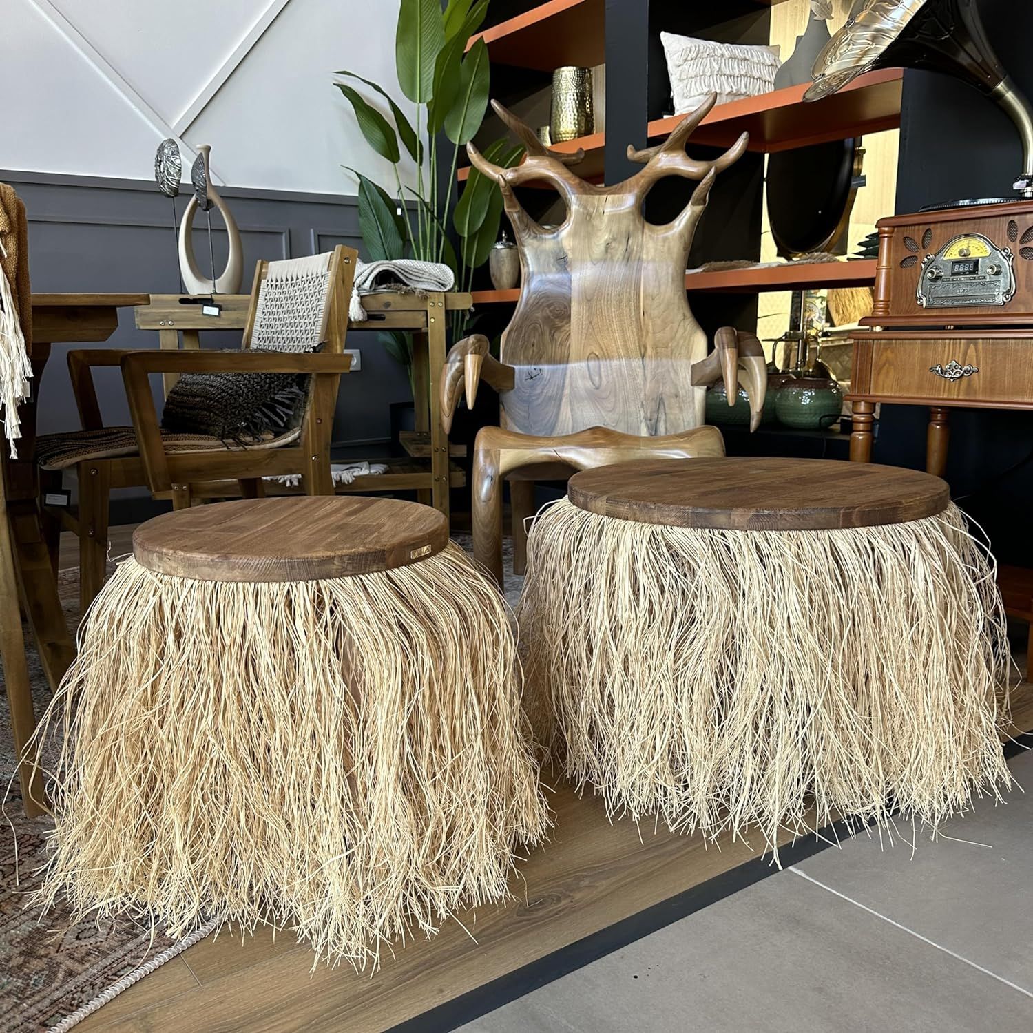 Boho Coffee Table for Living Room, Bohemian Wooden Coffee Table, Rustic Coffee Table, Raffia Hawa... | Amazon (US)