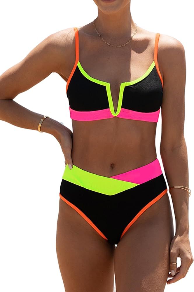 popvil Women's Sexy V Neck Bikini Sets High Waisted Bathing Suit Color Block Swimsuits | Amazon (US)