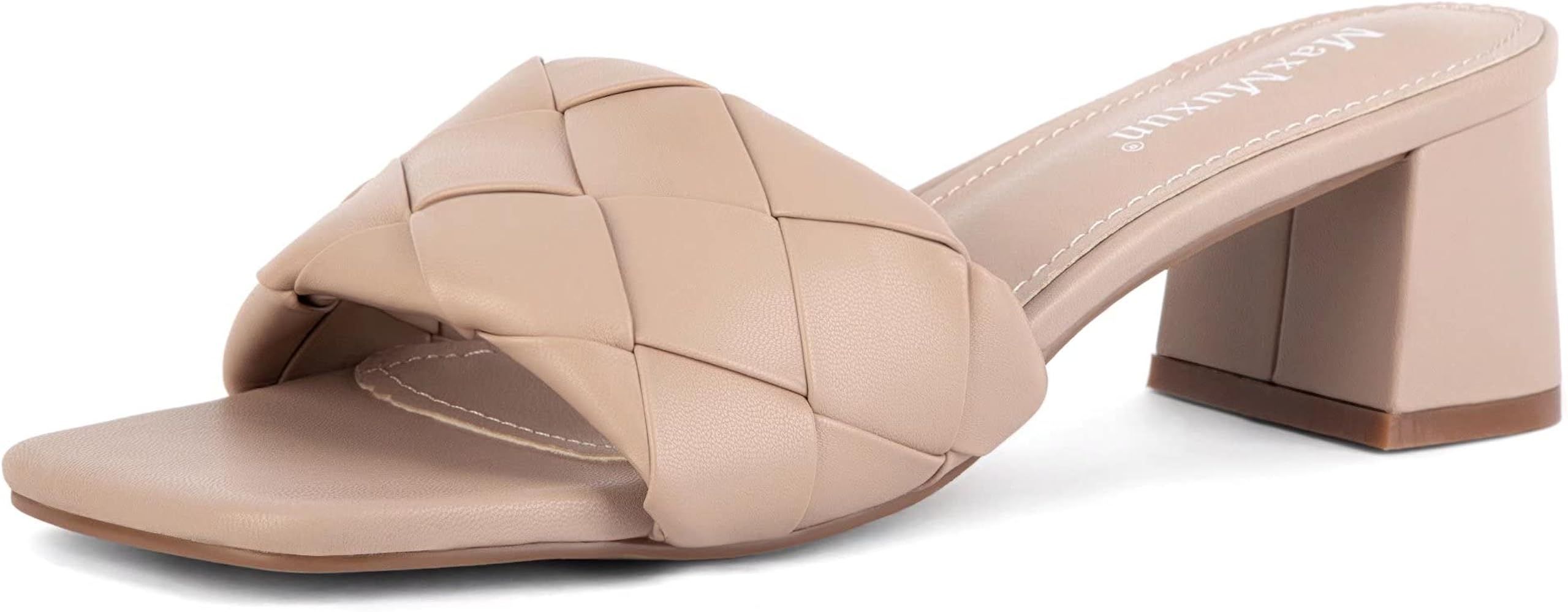 Amazon.com | MaxMuxun Nude Block Heel Sandals for Women Square Open Toe Summer Heels Slip on Braided | Amazon (US)