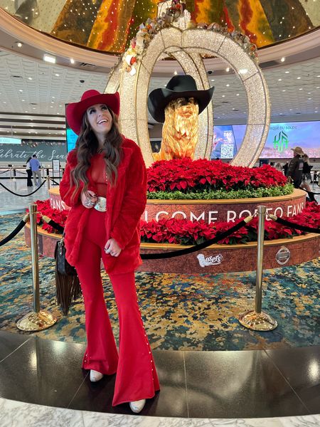 Red Lainey Wilson concert outfit - Vegas - Christmas outfit - Amazon - Amazon fashion - cowgirl hat - flares - bells - bodysuit - holiday - party 

#LTKHoliday #LTKstyletip #LTKSeasonal