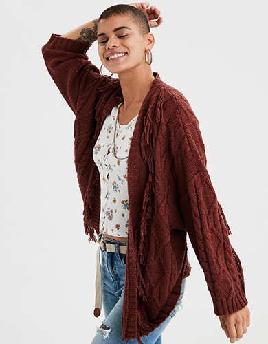 AE Fringe Cardigan, Brown | American Eagle Outfitters (US & CA)