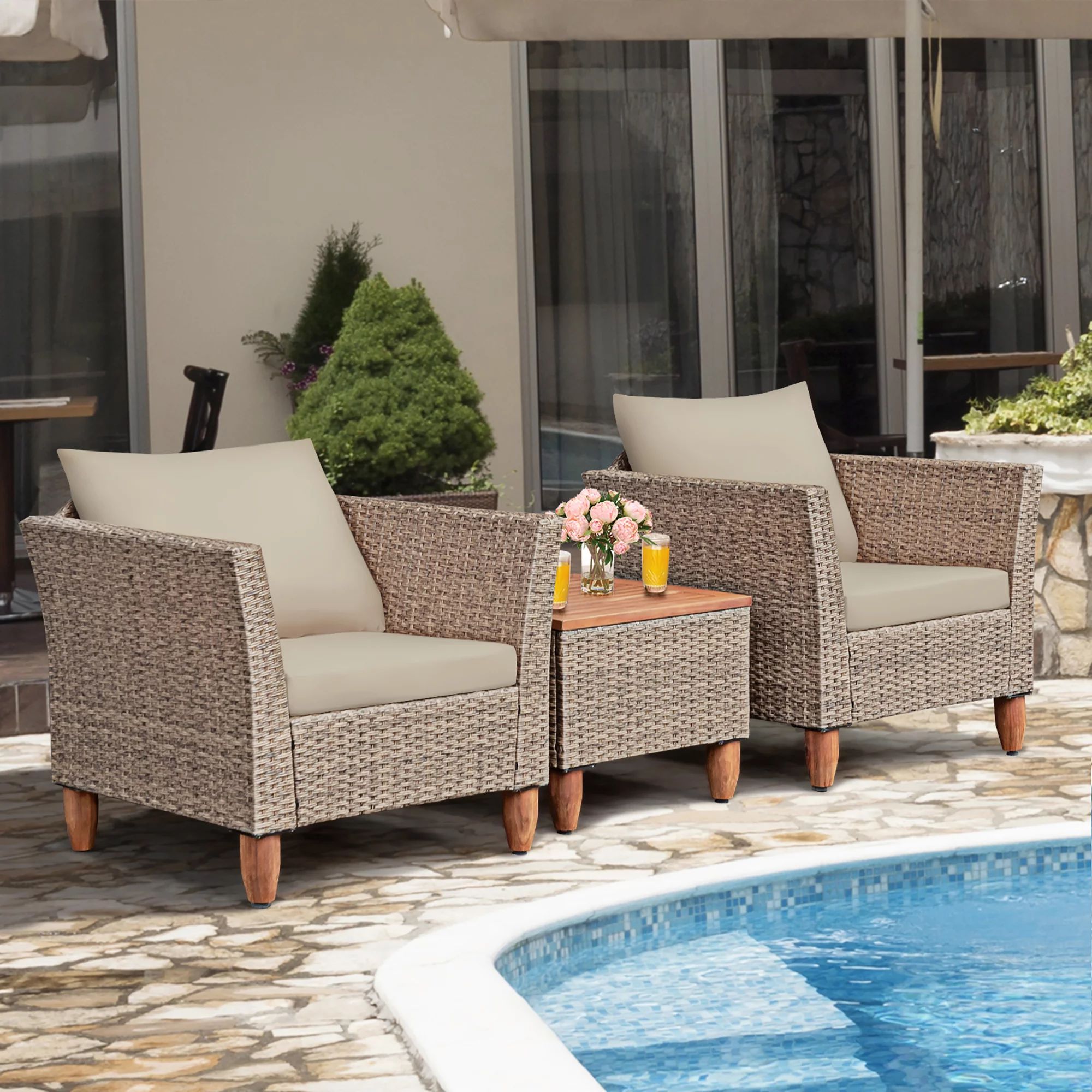 Costway 3 PCS Outdoor Patio Rattan Bistro Furniture Set Wooden Table Top Cushioned Sofa | Walmart (US)