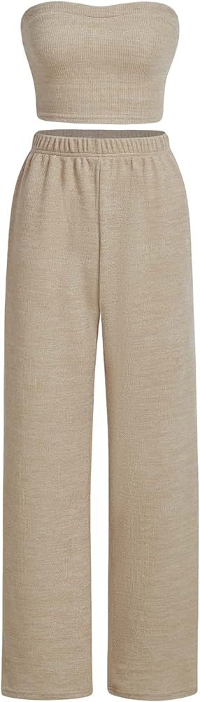 Women's 2 Piece Outfit Bandeau Crop Tube Top and Wide Leg Pants Set | Amazon (US)