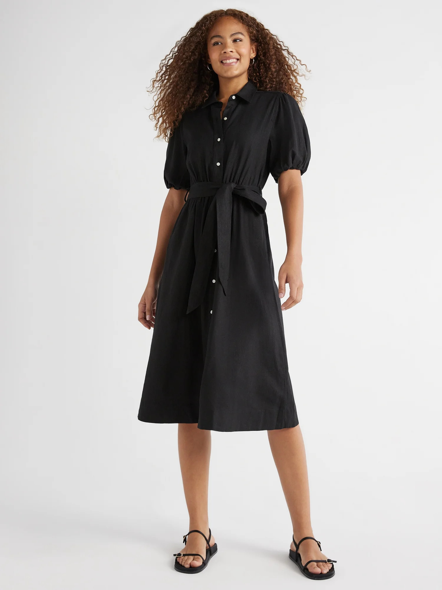 Free Assembly Women’s Midi Shirtdress with Puff Sleeves, Sizes XS-XXL | Walmart (US)