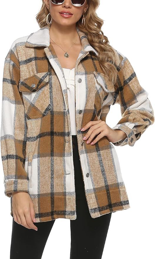 Gihuo Women's Casual Flannel Plaid Shacket Jacket Loose Button Down Shirt Jacket | Amazon (US)