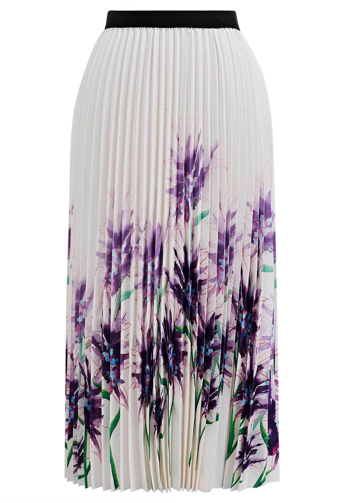 Watercolor Floral Pleated Midi Skirt in Purple | Chicwish
