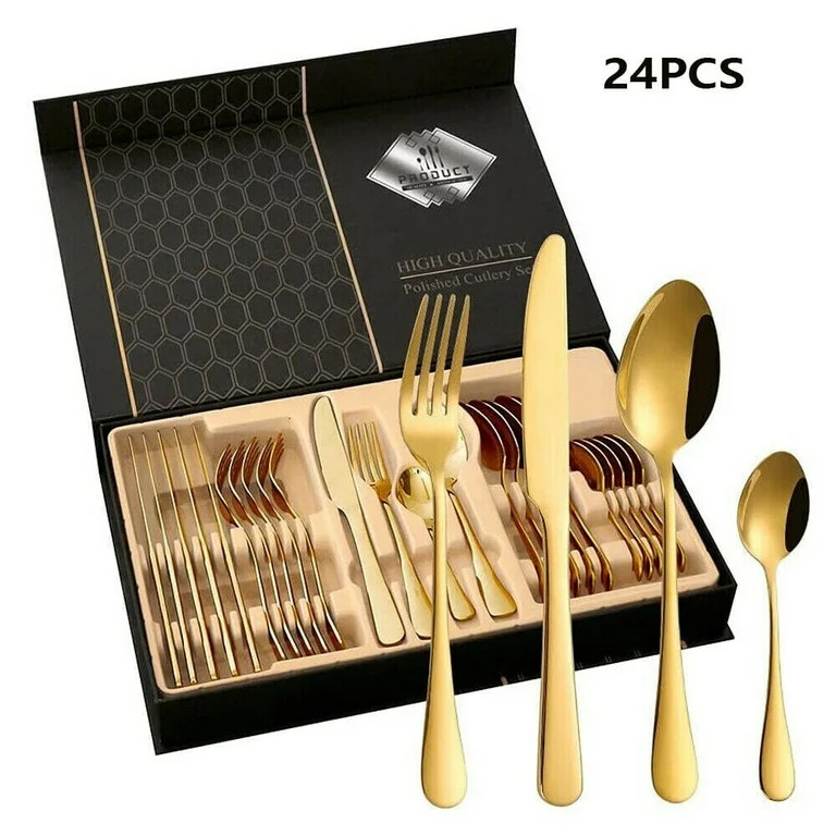 24-Piece Flatware Set Service for 6, Stainless Steel Kitchen Utensils Knife Fork Spoon Silverware... | Walmart (US)