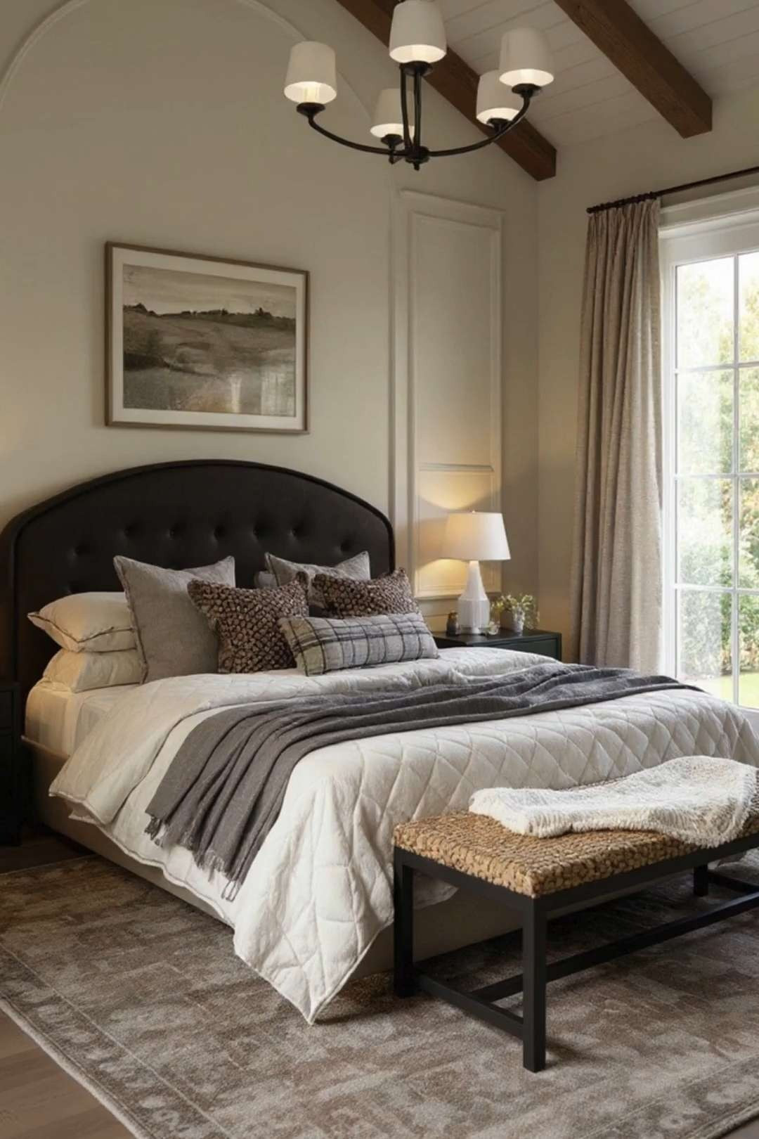 This bedroom exudes modern elegance with its calming neutral palette and cozy textiles. The space features a plush, tufted headboard paired with layered pillows and a quilted duvet, creating a serene retreat. Soft, ambient lighting from a classic chandelier and table lamps enhances the warm and inviting atmosphere. Natural light filters through the large window, highlighting the room's sophisticated design details, including rustic wooden beams and a stylish bench at the foot of the bed.

🖤 If you want to see more content like this, FOLLOW maeveandmodern on LTK, Instagram, and Pinterest! Check out our blog where we post daily, maeveandmodern.com!

Neutral bedroom | Modern elegance | Cozy textiles | Tufted headboard | Layered pillows | Quilted duvet | Serene retreat | Classic chandelier | Ambient lighting | Natural light | Rustic beams | Stylish bench | Inviting atmosphere | Home decor ideas | Bedroom design | Organic modern look | Warm tones | Bedroom inspiration 

 

#LTKHome #LTKSaleAlert #LTKFindsUnder100 #LTKSeasonal #LTKHome #LTKSaleAlert