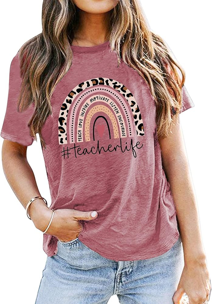 Teacher Shirt for Women Teach Rainbow Leopard Graphic Tee Tops Teachers Gift Teach Love Inspire T Sh | Amazon (US)