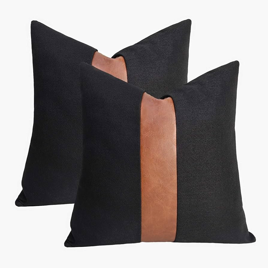 cygnus Set of 2 Black Linen Patchwork Faux Leather Throw Pillow Covers for Couch Living Room Bedr... | Amazon (US)