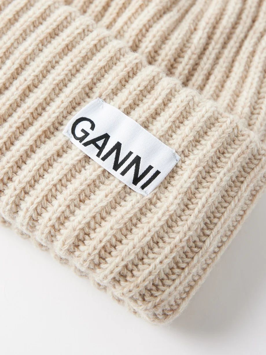 Logo-patch ribbed wool-blend beanie | Ganni | Matches (UK)