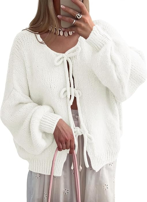 Saodimallsu Womens Tie Front Cardigan Oversized Long Sleeve Bow Sweaters | Amazon (US)