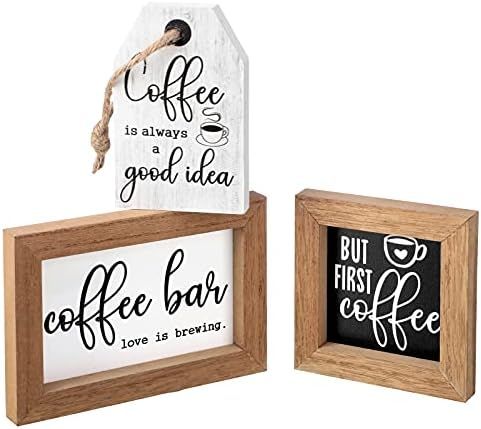 3 Pieces Mini Coffee Bar Sign Farmhouse Coffee Wooden Sign But First Coffee Wood Sign Love is Bre... | Amazon (US)