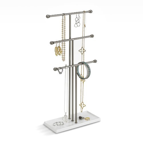 Umbra Trigem Hanging Jewelry Organizer Tiered Tabletop Free Standing Necklace Holder Display, White/Nickel | Amazon (US)