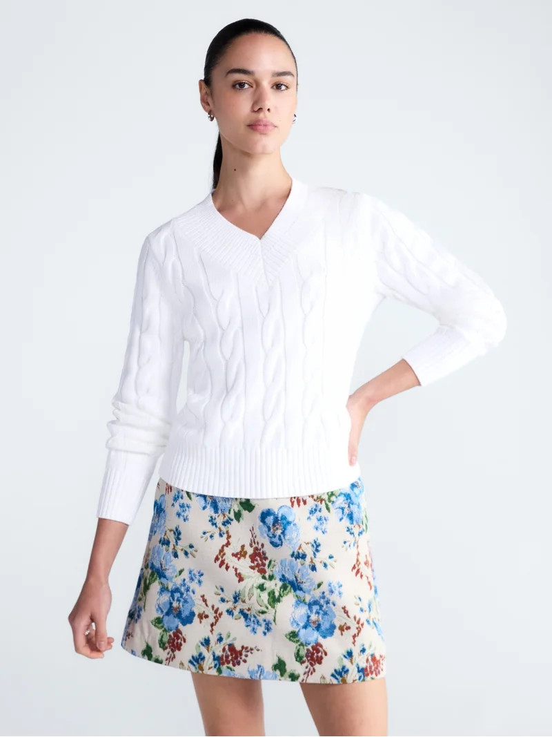 Free Assembly Women's and Women's Plus Cotton Cable Knit Sweater, Midweight, Sizes XS-4X | Walmart (US)