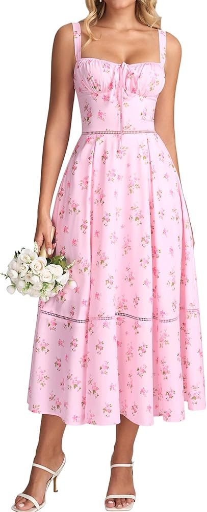 Colysmo Floral Corset Midi Dress for Women 2026 Lace Up Flowy A Line Summer Wedding Guest Dresses... | Amazon (US)