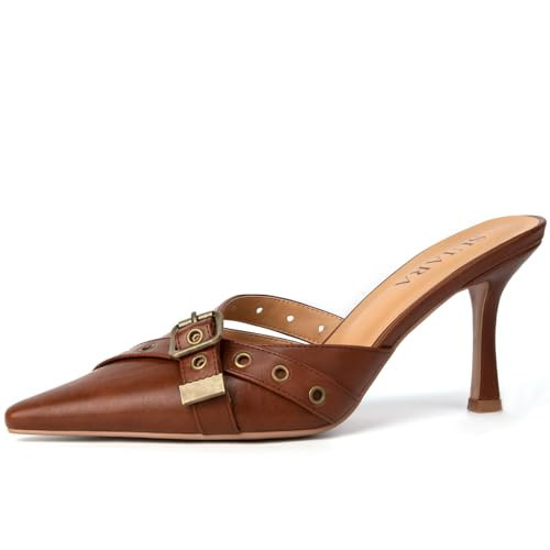 SUIARA Brown Kitten Heels for Women Closed Toe Heels Vintage Heeled Mules Sexy Pointed Toe Studded Slip on Stiletto Dressy Pumps | Amazon (US)